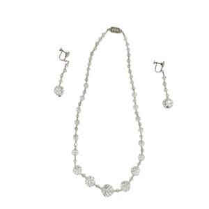 Vintage Midcentury Faceted Clear Crystal Necklace & Drop Earrings Matching Set